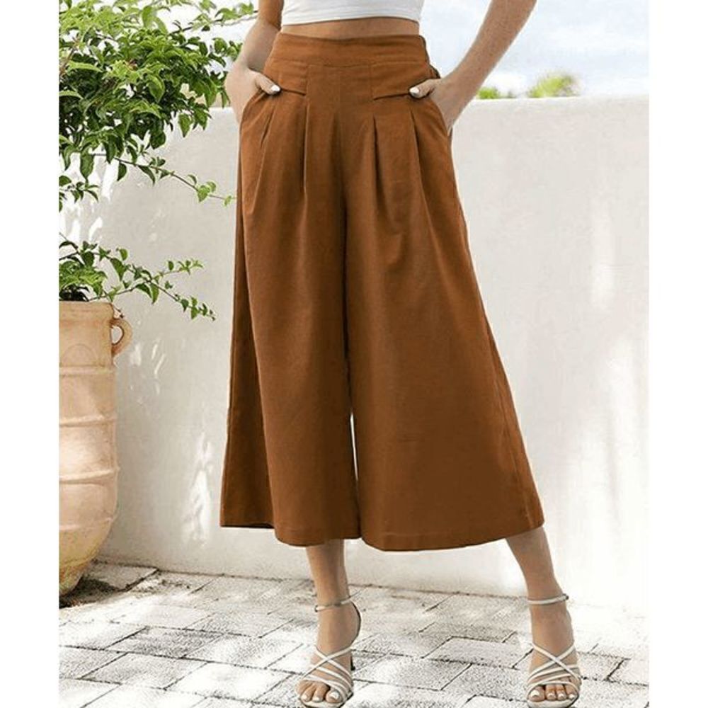 LoveUdear Women's Coffee Wide-Leg Cropped Pants M